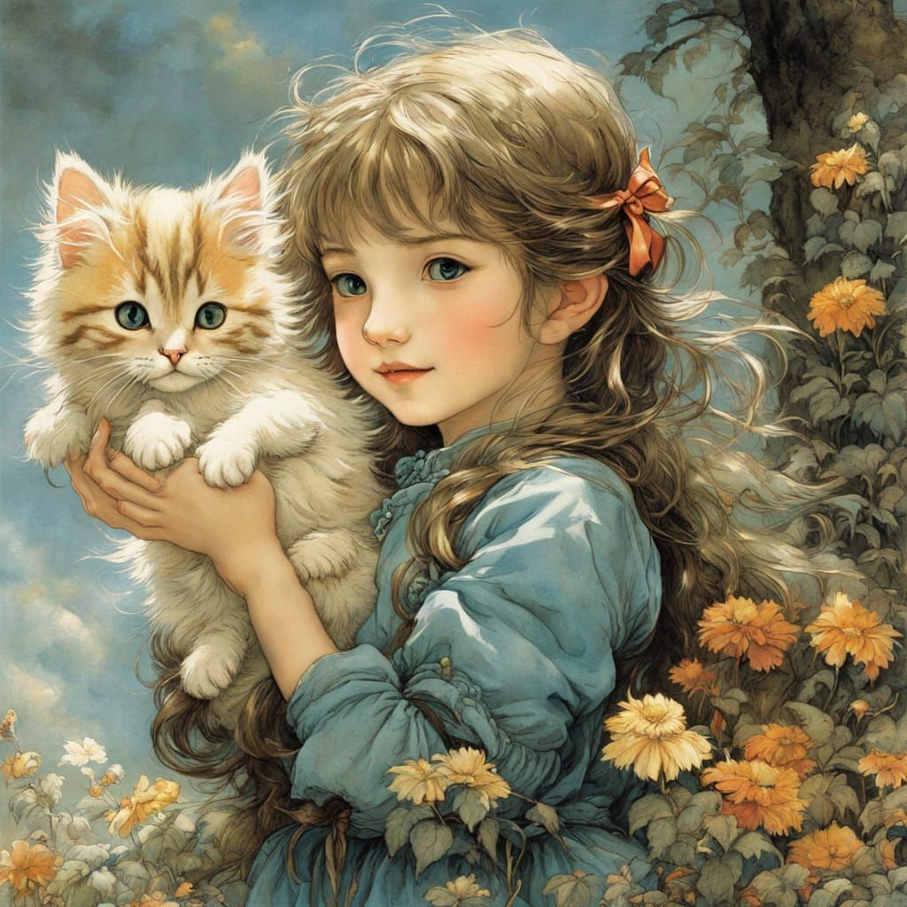 Cheerful Girl with Kitten in Anime Art Style