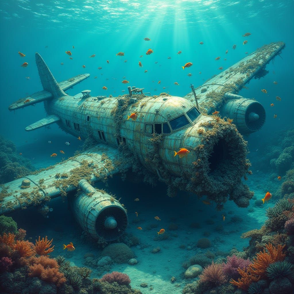 Biomechanical Underwater Wreck in Vibrant Coral Colors