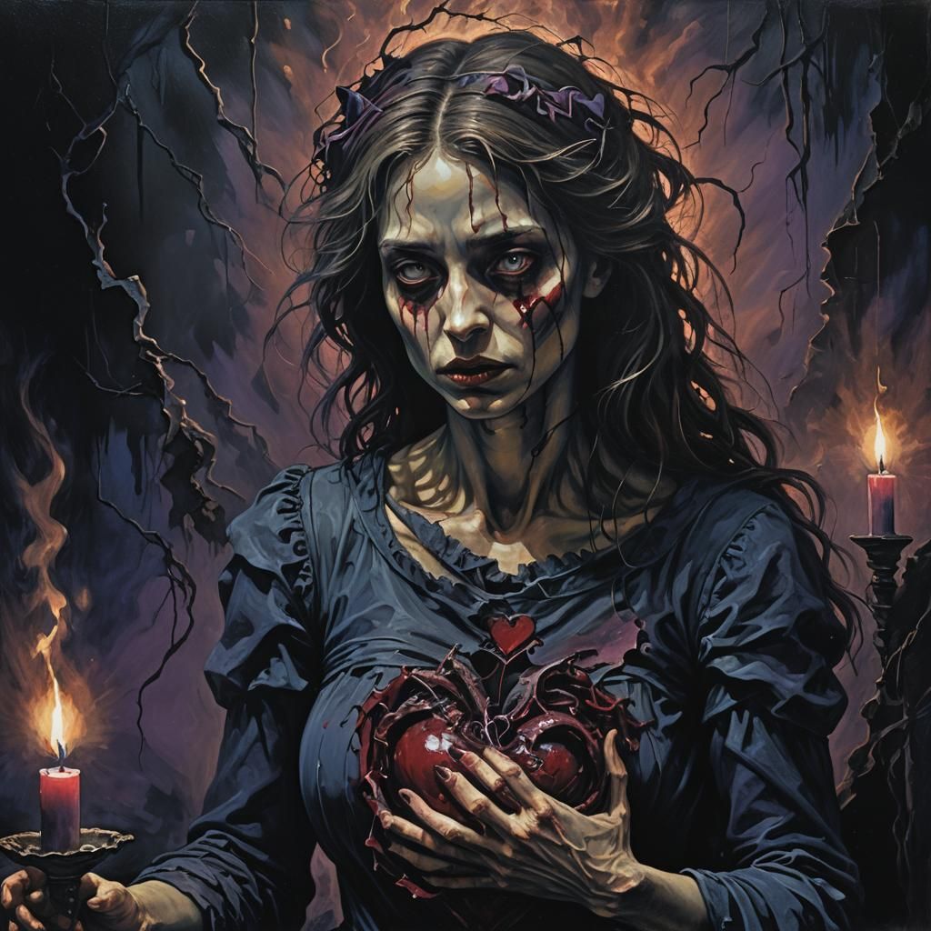 Tormented Woman with Ripped Heart in Dark Gothic Style