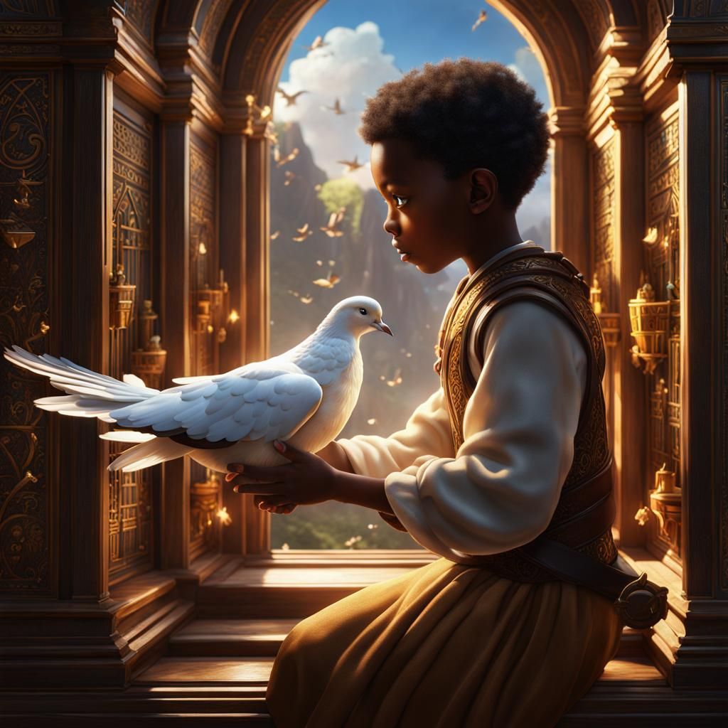 Boy Releases Dove from Ark: Fantasy Art