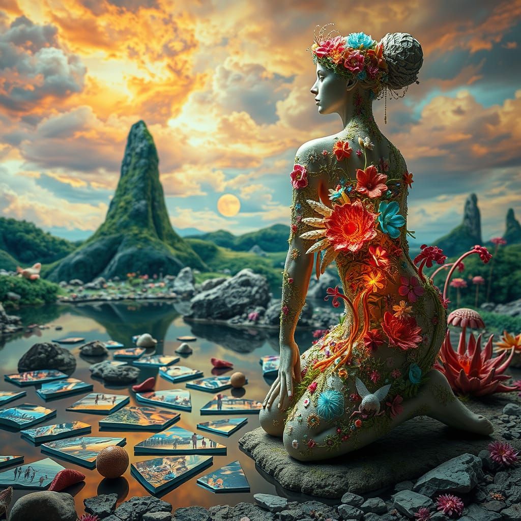 Bio-Art Sculpture: Woman in an Otherworldly Landscape