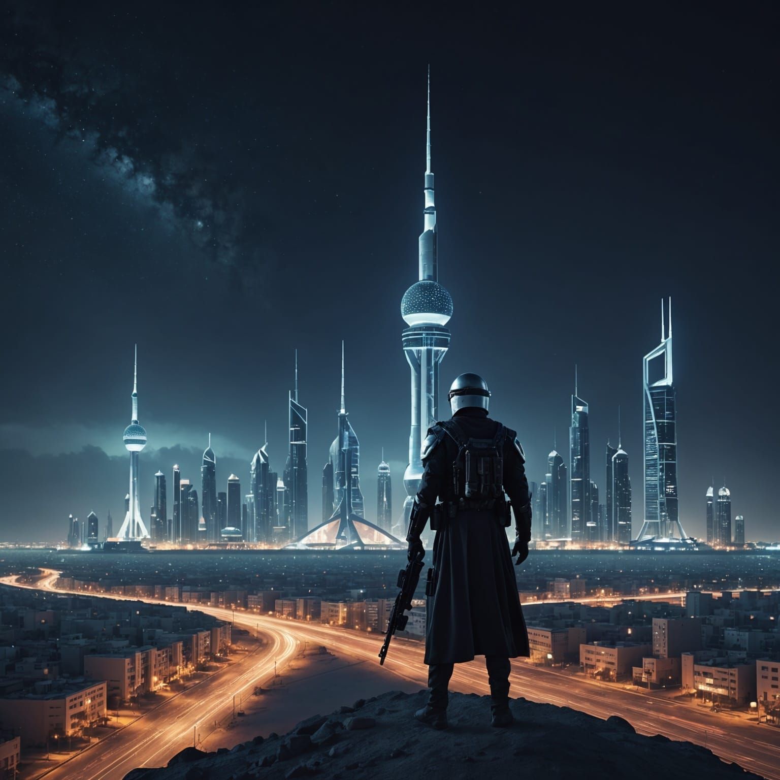 Futuristic Kuwait City at Night in Cybertron Style