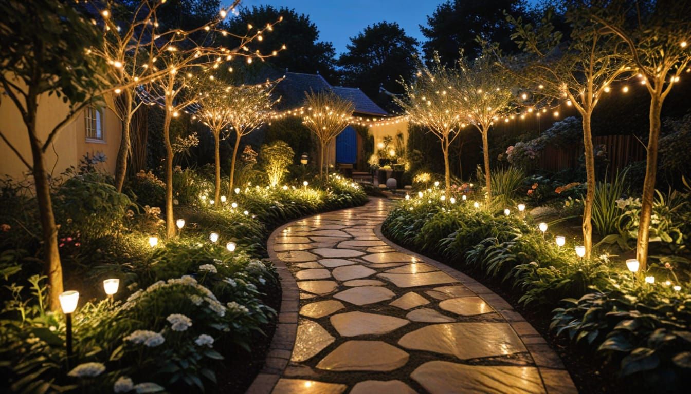 Enchanting Night Garden with Golden Light