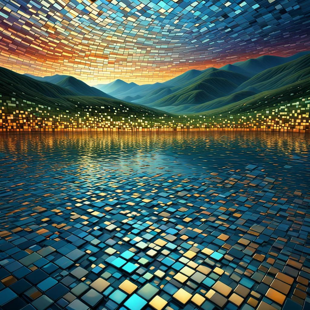 Metallic Mosaic River Valley Landscape at Dawn