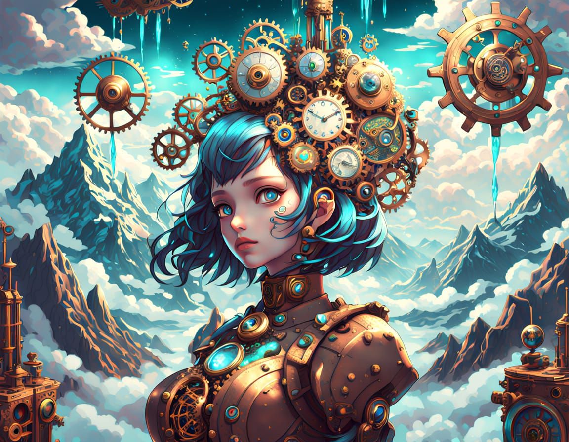 Surreal Clockwork Woman in Dreamscape, Astral Steampunk Art