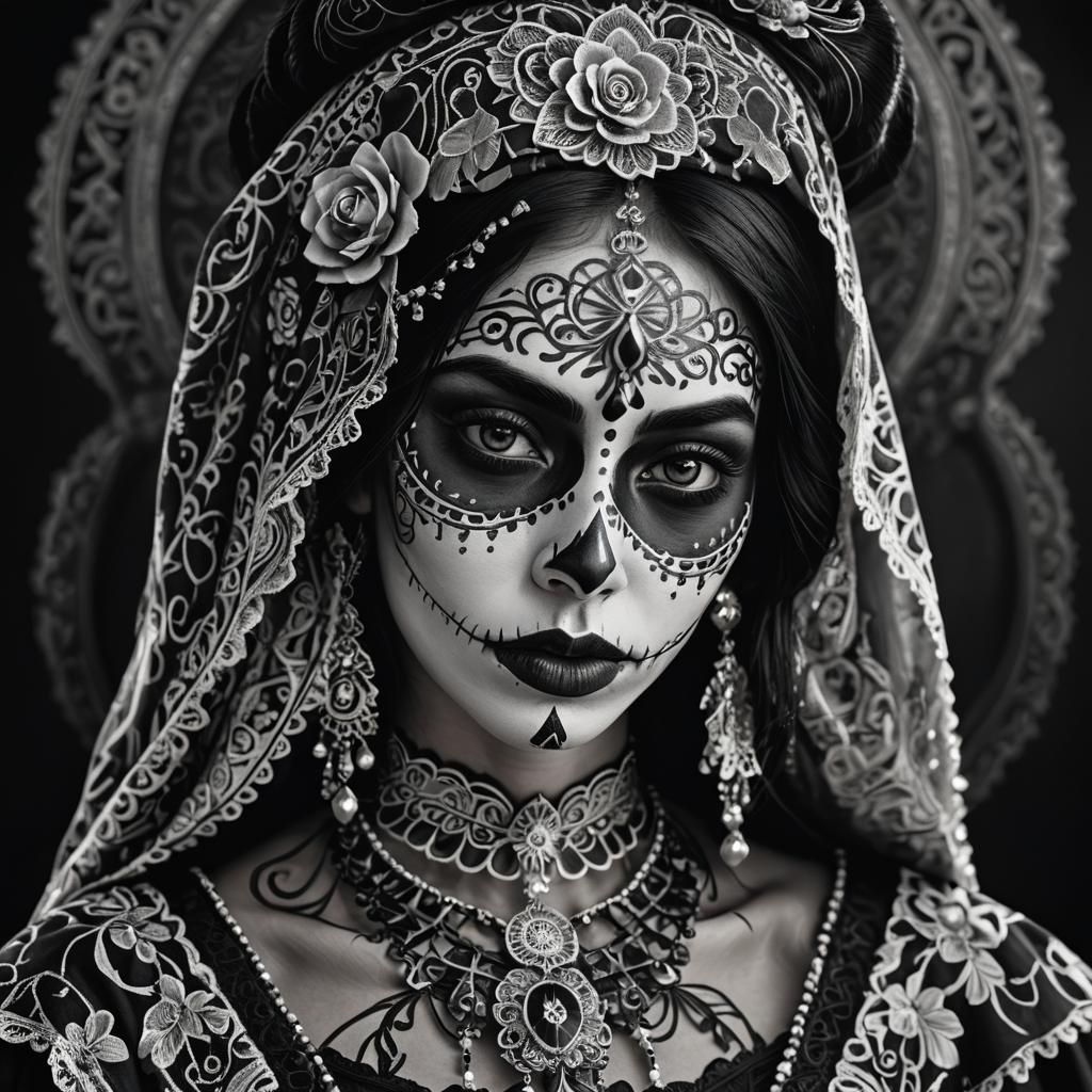 Moroccan Catrina: Hyper-Realistic Digital Portrait in Monoch...