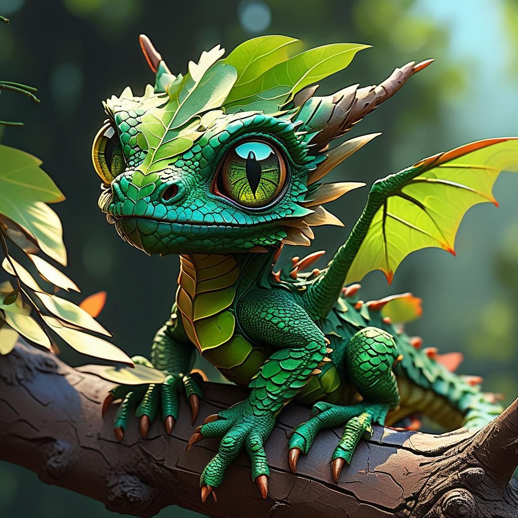 Baby Leaf Dragon on Branch - Hyperrealistic Concept Art