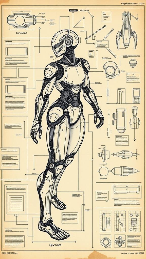 Detailed Schematic of a Futuristic Human Cyborg