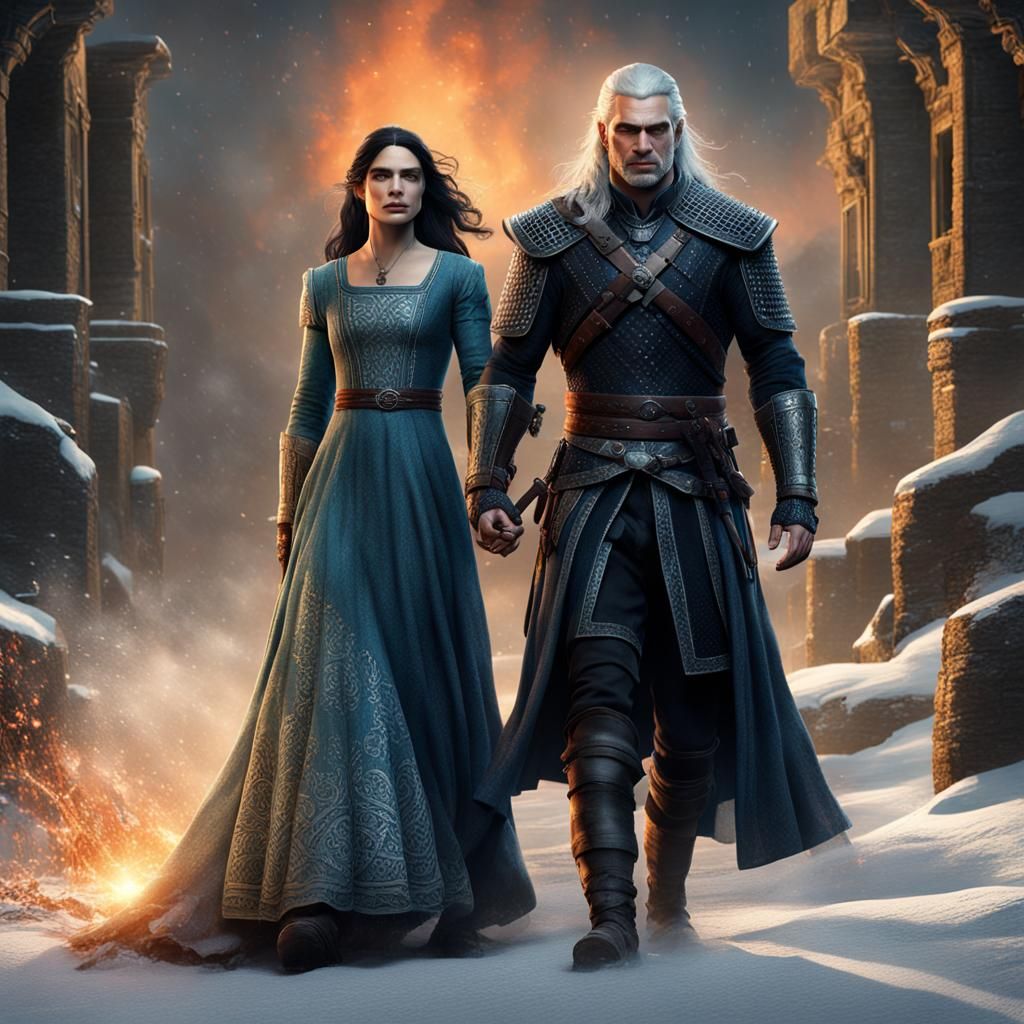 Geralt of Rivia and Celtic Woman: Detailed Matte Painting