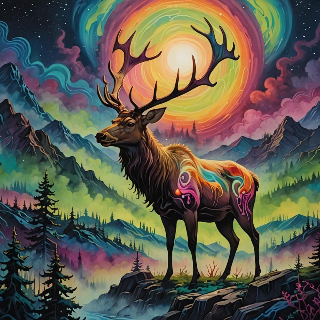 Surreal Graffiti Elk Radiating Color