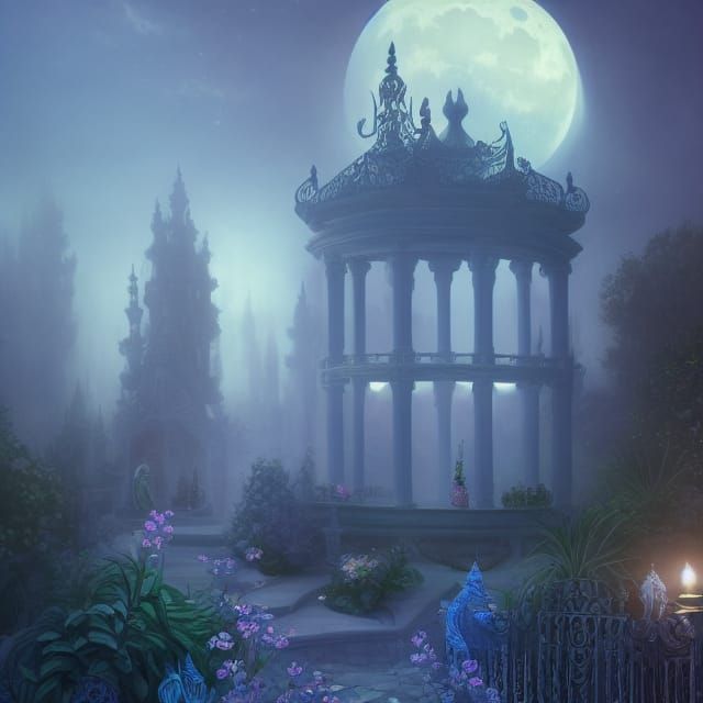 Moonlit Baroque Palace Garden in Serenity Blue