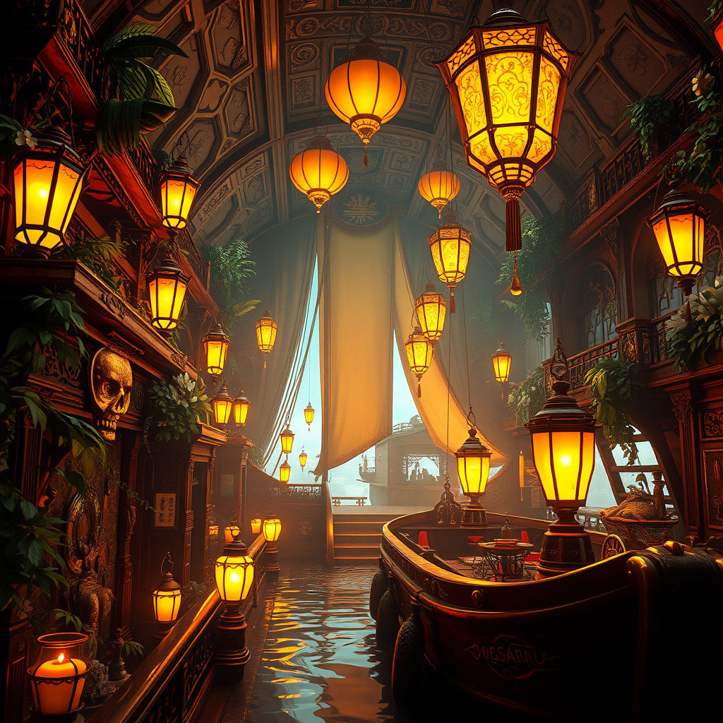 Mystical Boat Interior with Lanterns and Carvings