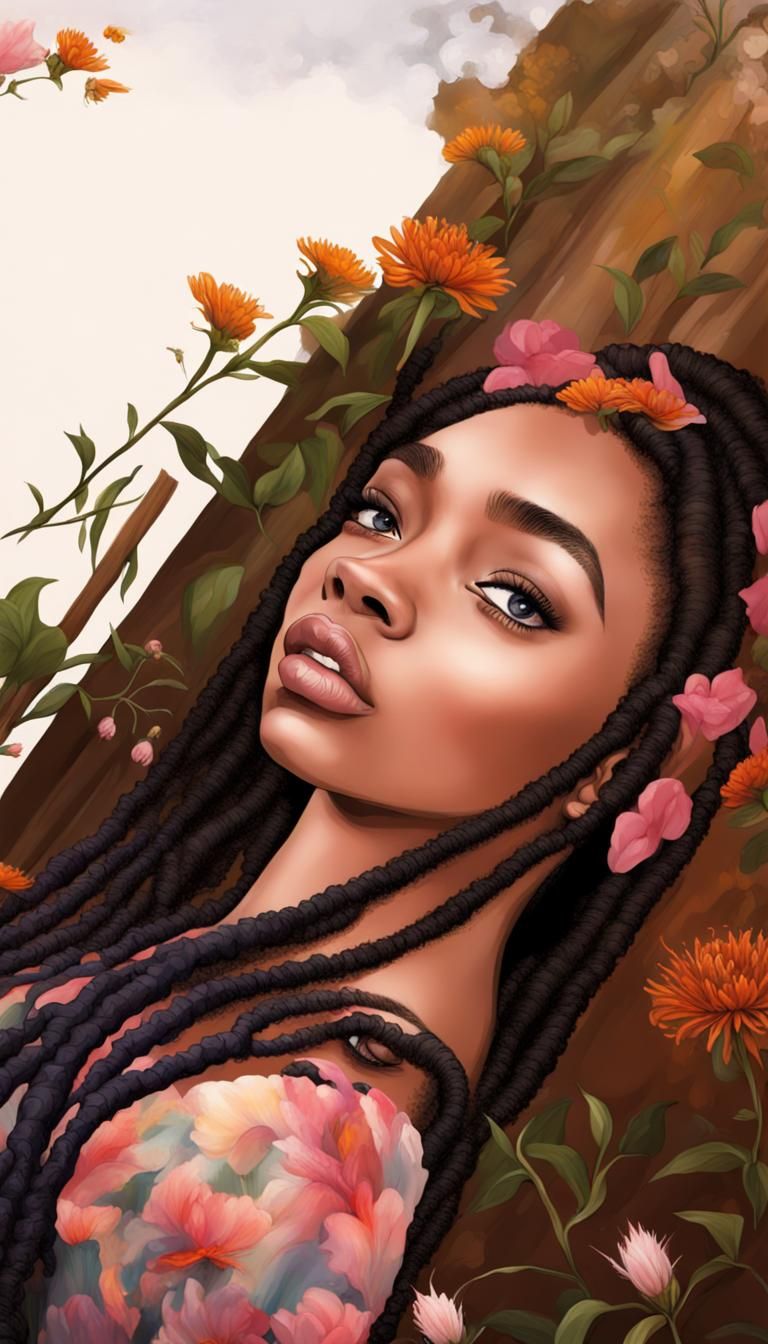 Beautiful African-American Woman in Fantasy Flower Garden