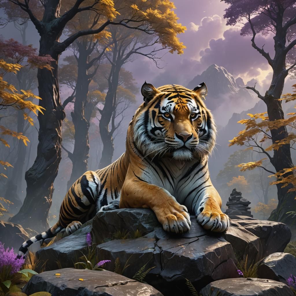 Smoky Tiger in Cloudy Forest: Dark Fantasy Art