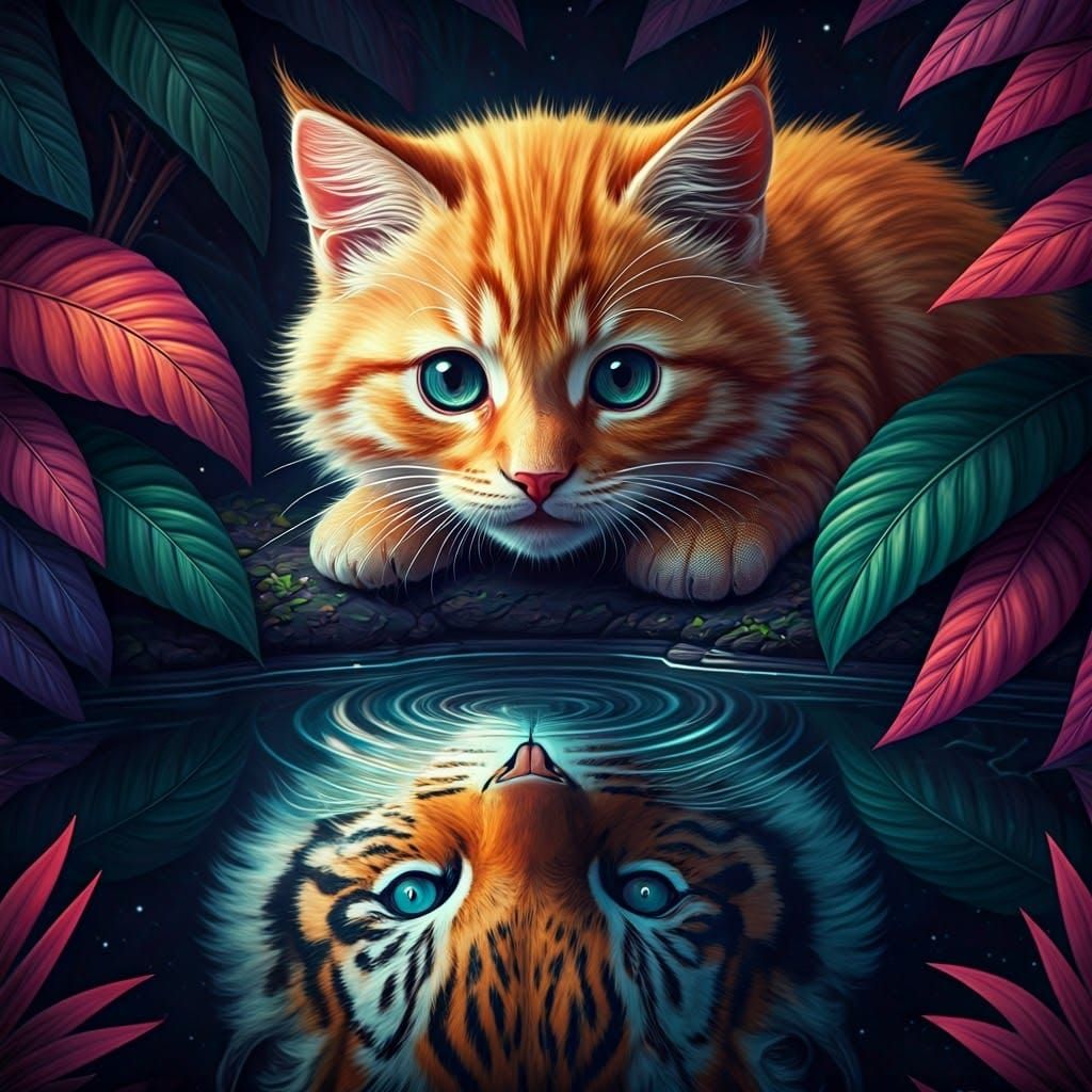 Ginger Kitten Encounters Mystical Tiger Reflection in Cosmic...