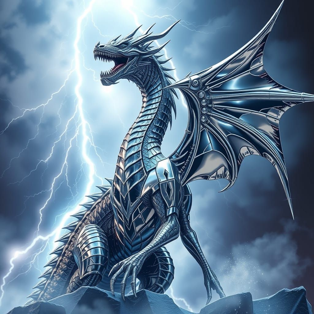 Majestic Chrome Dragon in Turbulent Thunderstorm