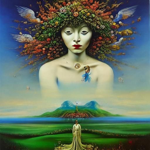 Druid Woman with Fairies: Surreal Oil Painting