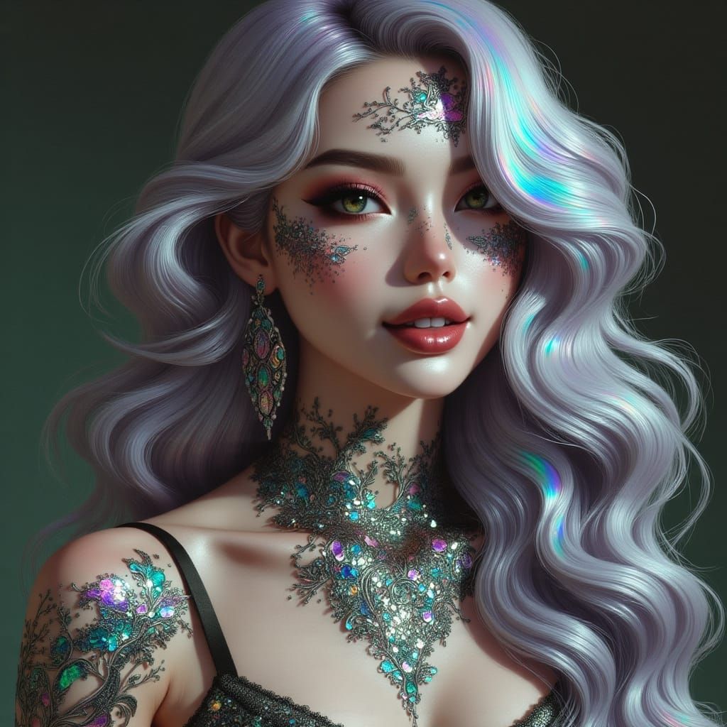 <lora:GlitchFoilFlux:1.0> Hyperrealistic portrait of a beautiful, gorgeous , smiling,  focus on eyes and face, woman,  w...