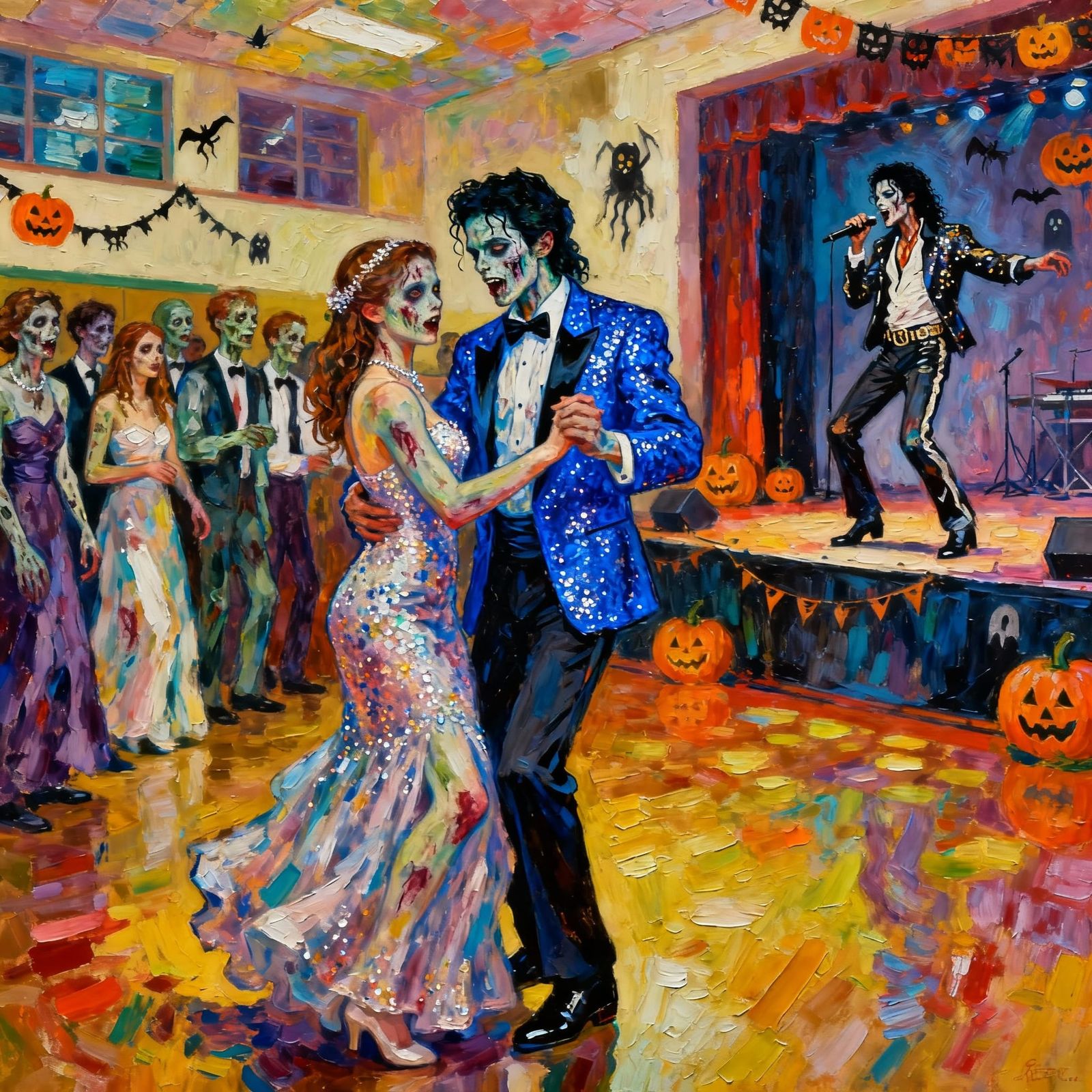 Zombie Prom Night: A Spooky Dance in Neo-Impressionist Style