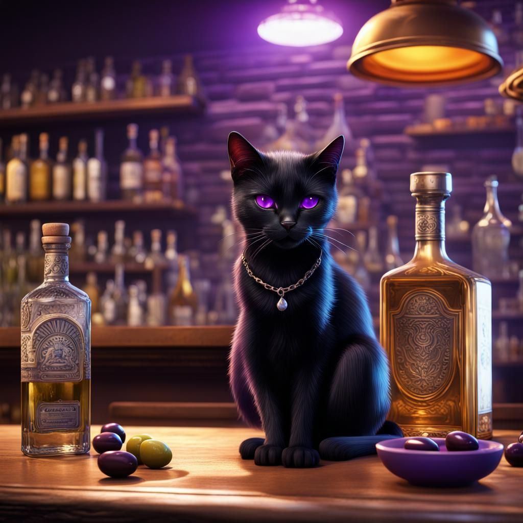 Black Cat with Purple Eyes at Bar