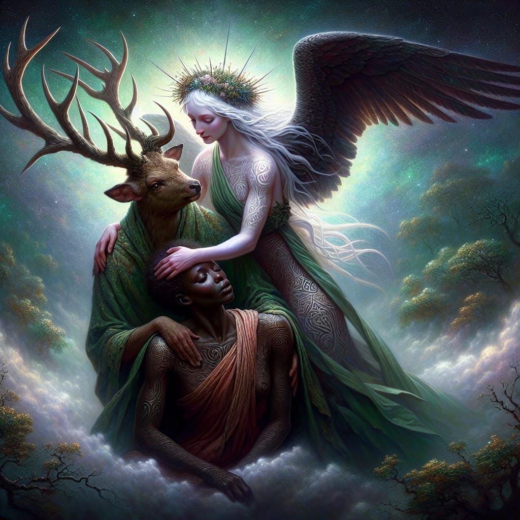 Ethereal Deity Comforts Weary Woman in Oil Painting