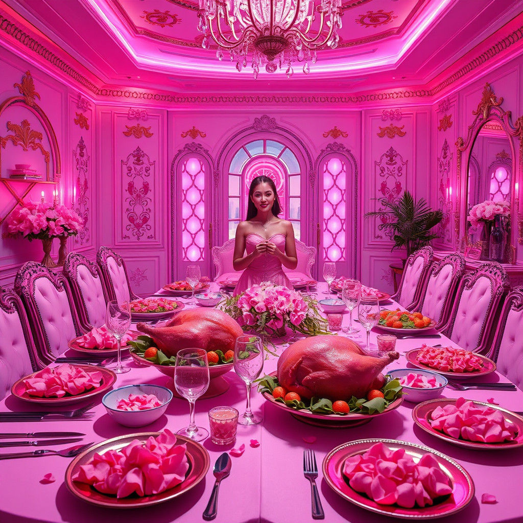 Lavish Pink Thanksgiving Dinner in Synthwave Mansion