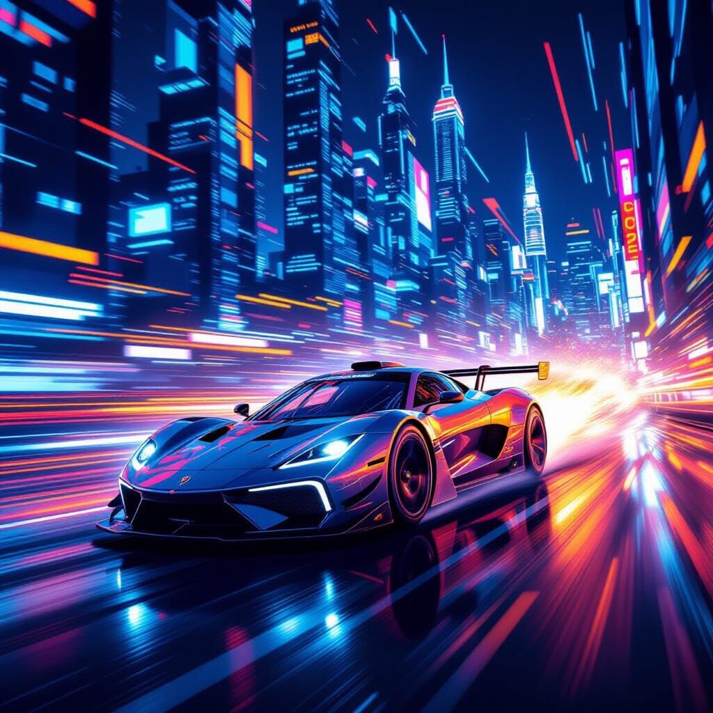 Futuristic City Car Race Poster with Neon Streaks