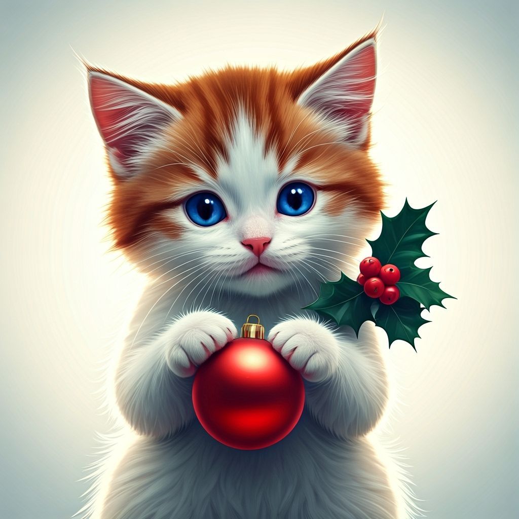Cute Kitten with Holly and Christmas Bauble in 3D Watercolor...