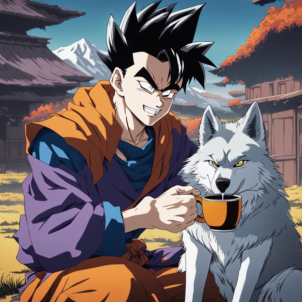 Gohan and Wolf Coffee Break in Anime Style