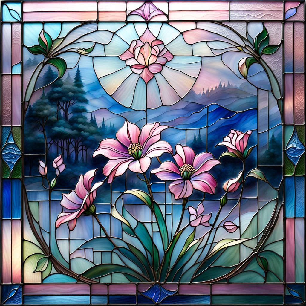 Pink Blue Flag Flower in Stained Glass Art