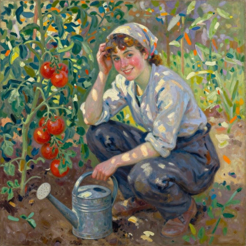 Impressionist Painting of Woman in Sun-Drenched Garden