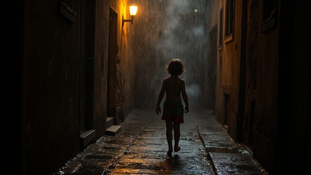 Chiaroscuro Image of Child in Roman Alley