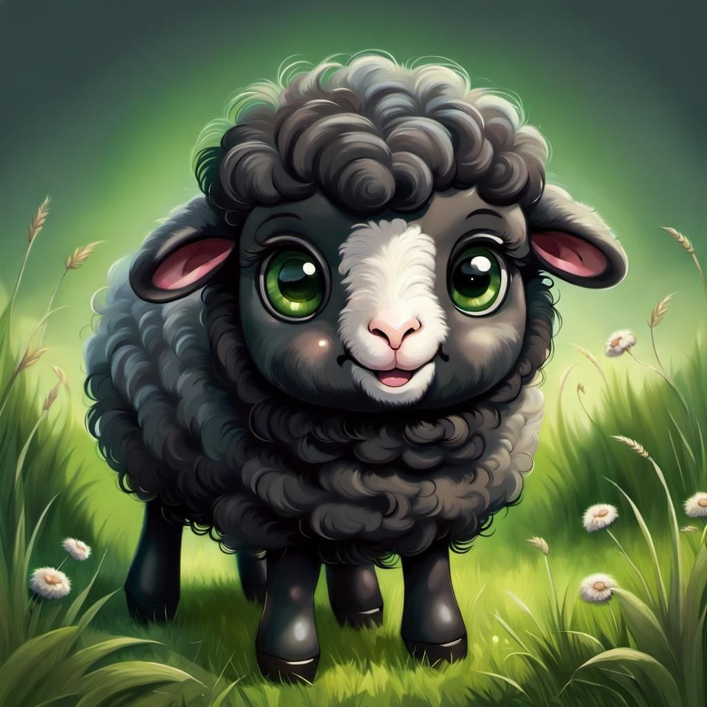 Joyful Furry Black Sheep in Grassy Field