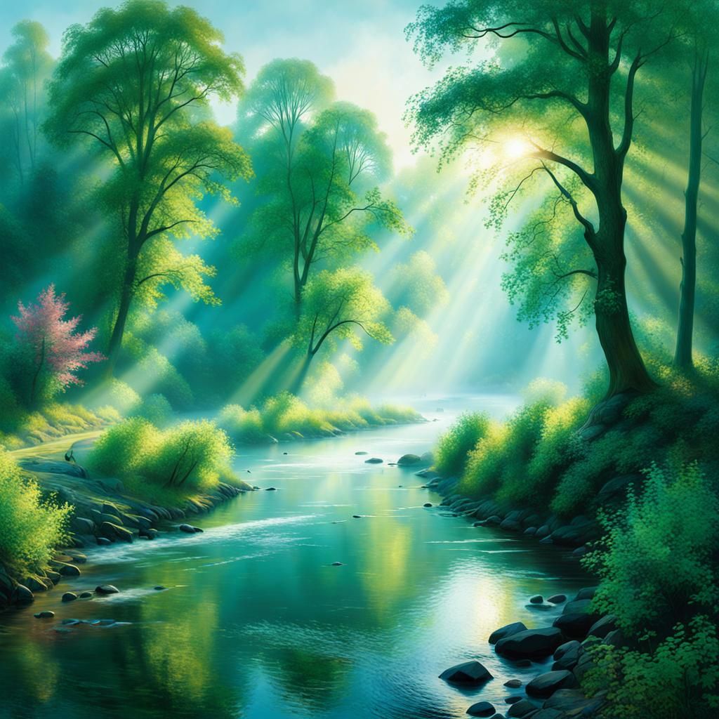 The morning sun breaks through the haze over a picturesque river