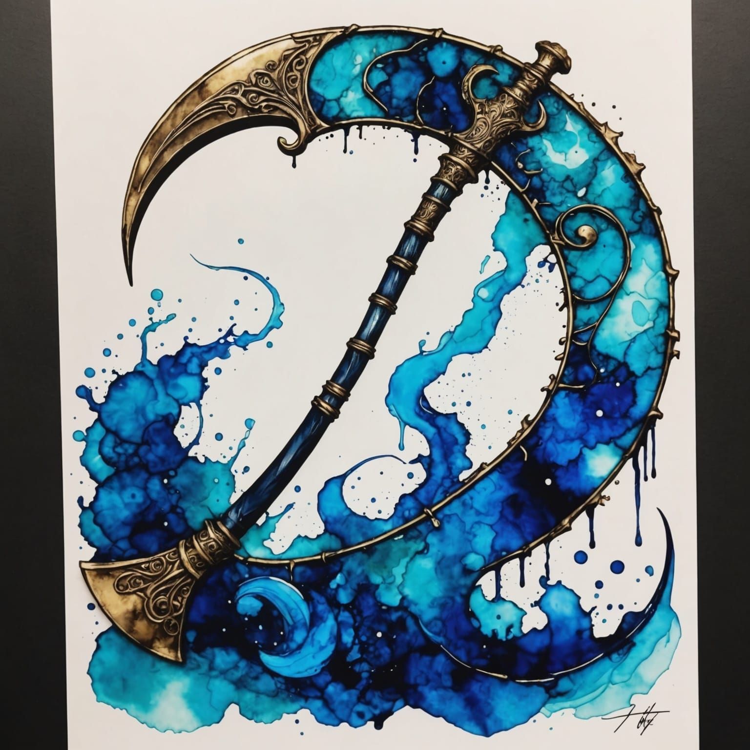 Blue Scythe in Alcohol Ink Style