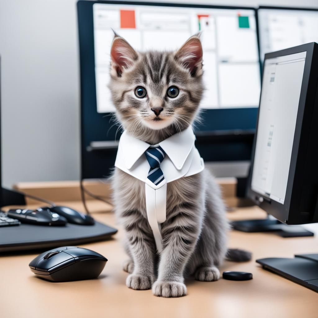 Gray Kitten Working at Desk in Office