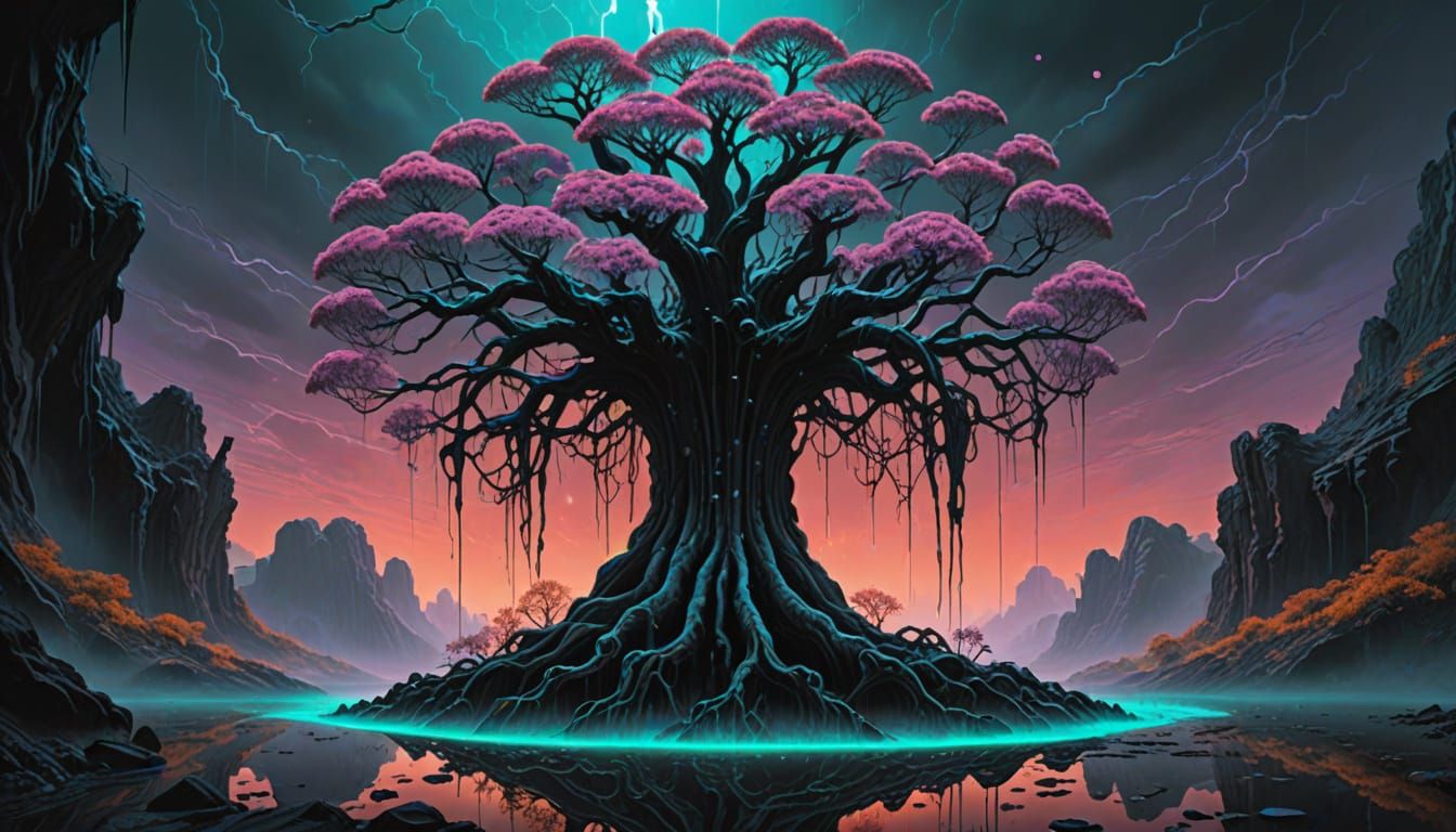 Glowing Alien Tree Blooms from Obsidian Island in Dreamlike ...