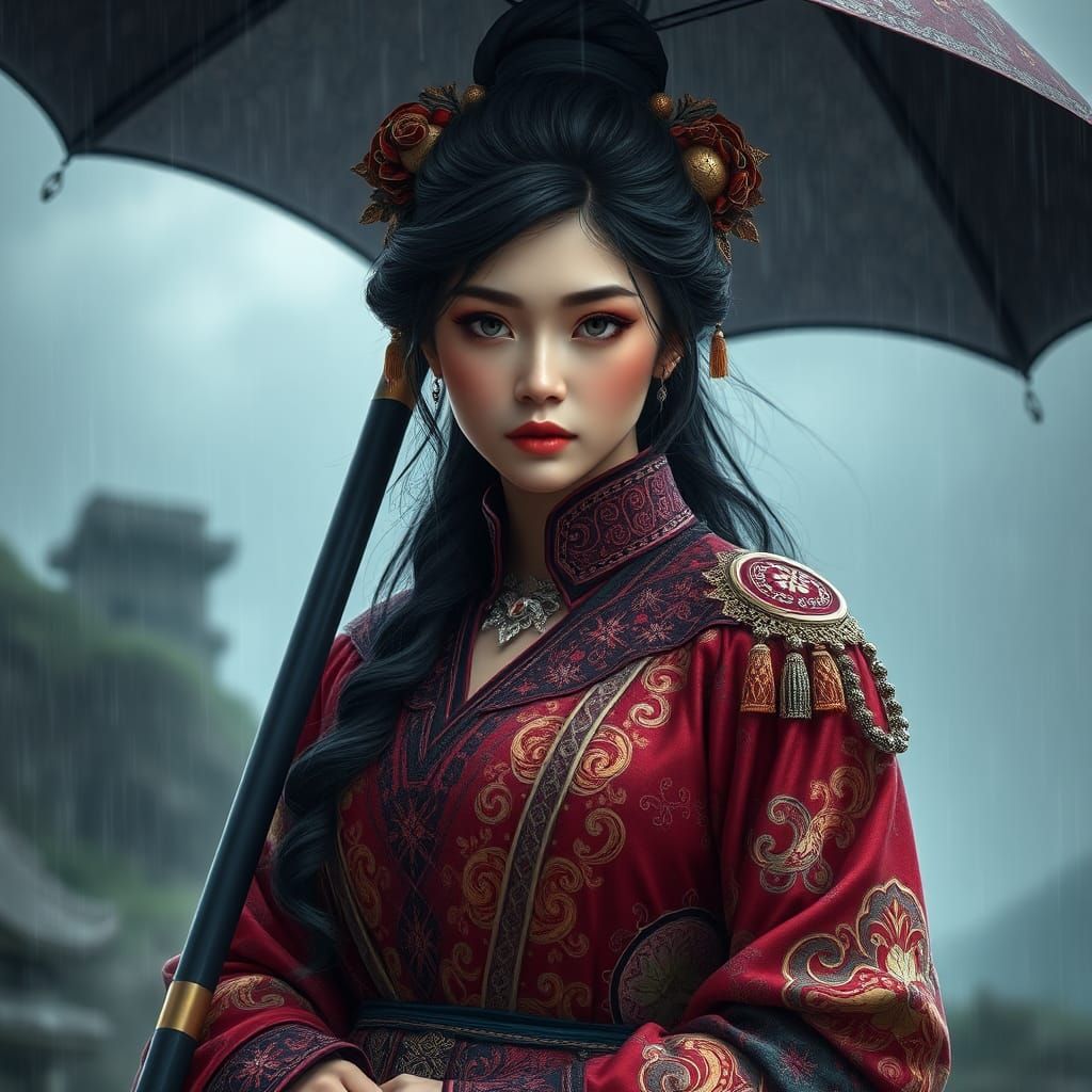 Beautiful Necromancer in Rainy Landscape