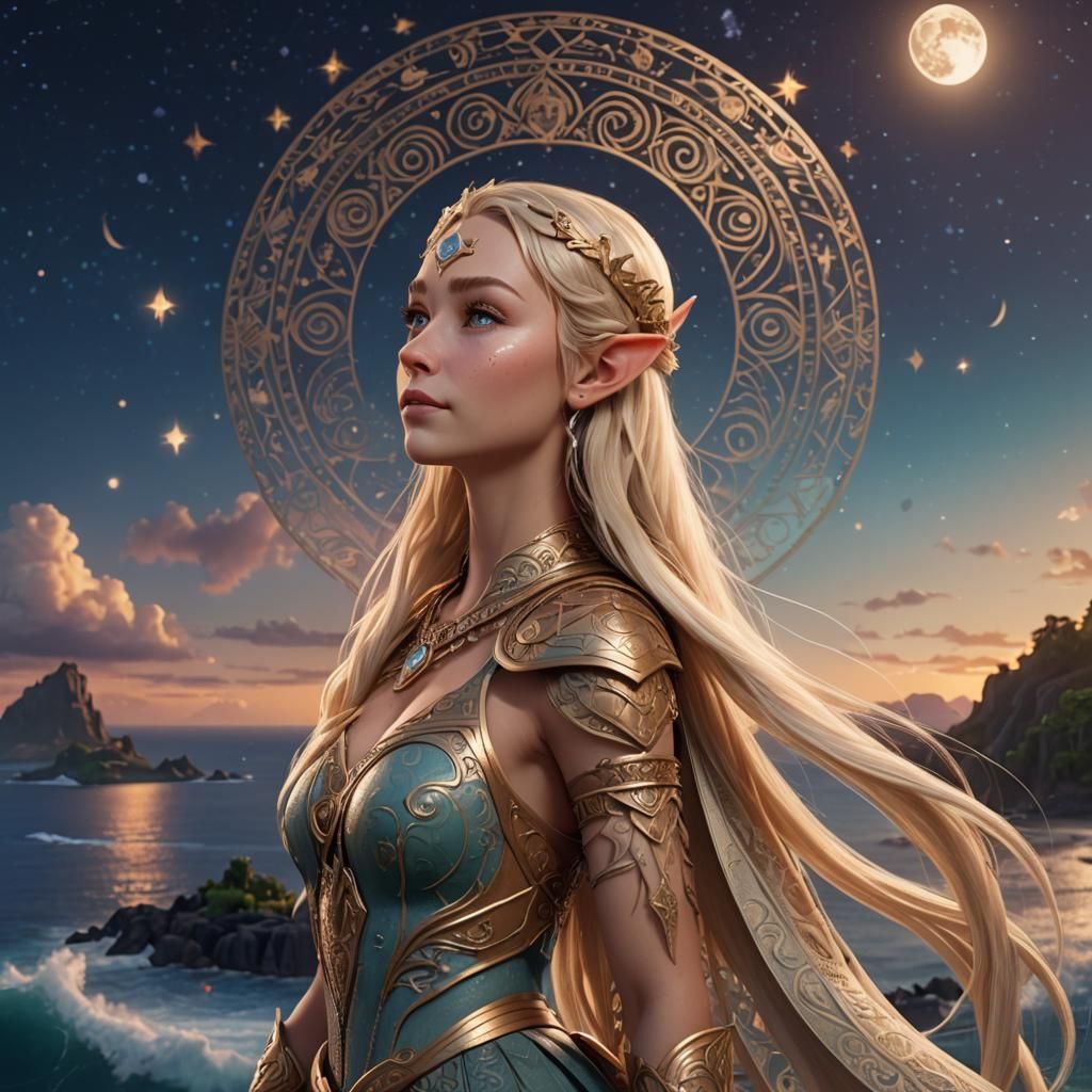 Blonde Elf Princess Overlooking Moonlit Ocean