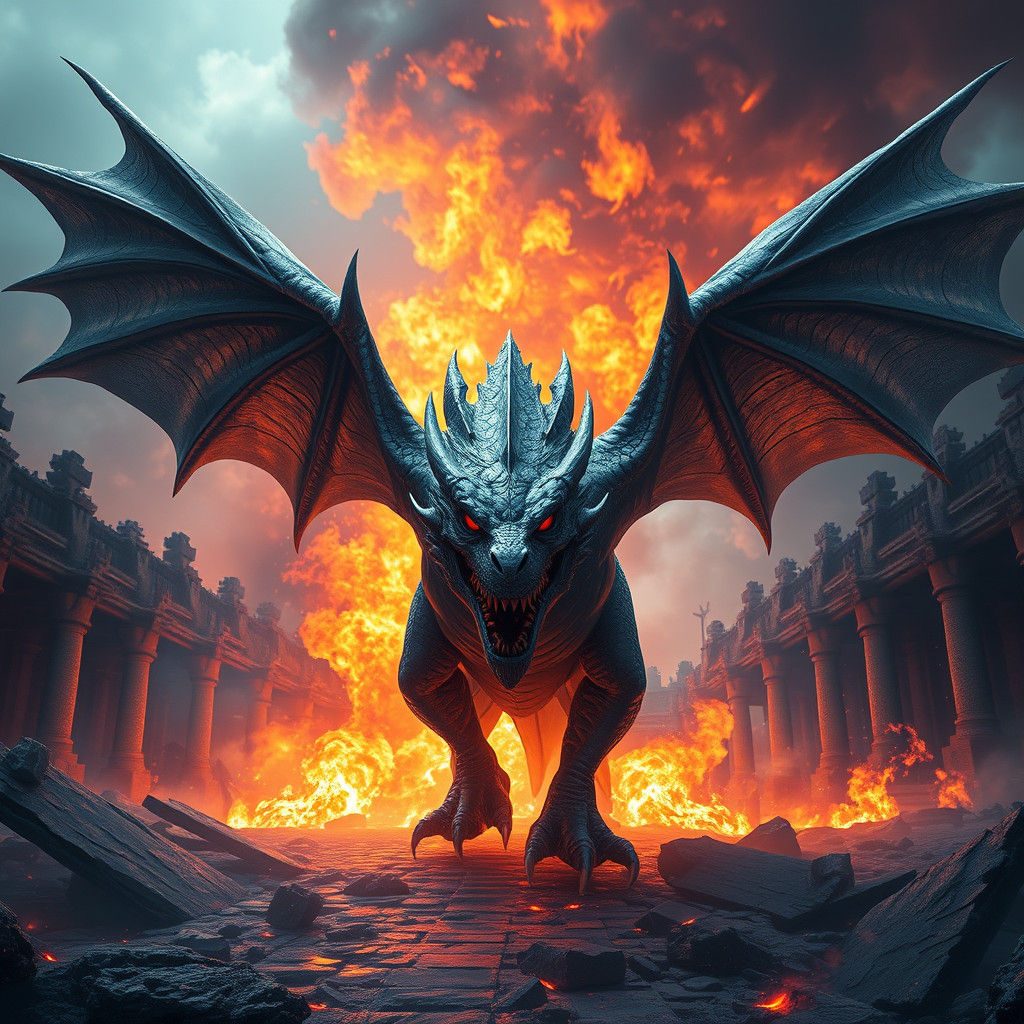 Menacing Dragon in Ruined City, Fantasy Concept Art