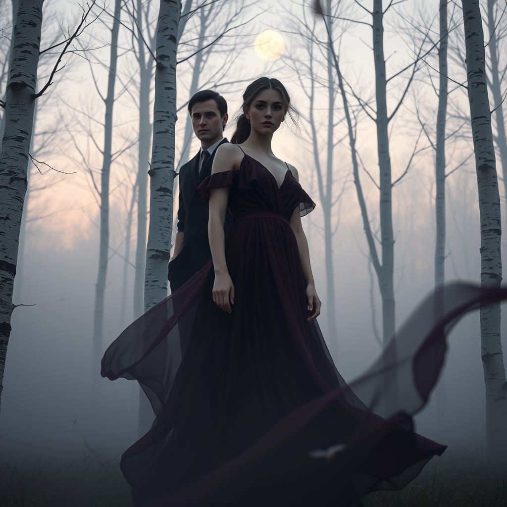 Ethereal Twilight Encounter in a Fog-Laced Forest