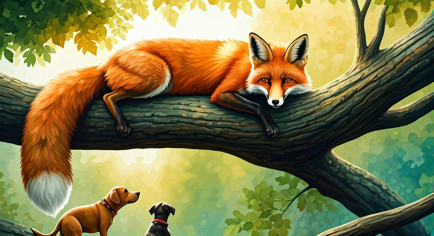 Fox Gazing at Dogs in Vibrant Digital Art