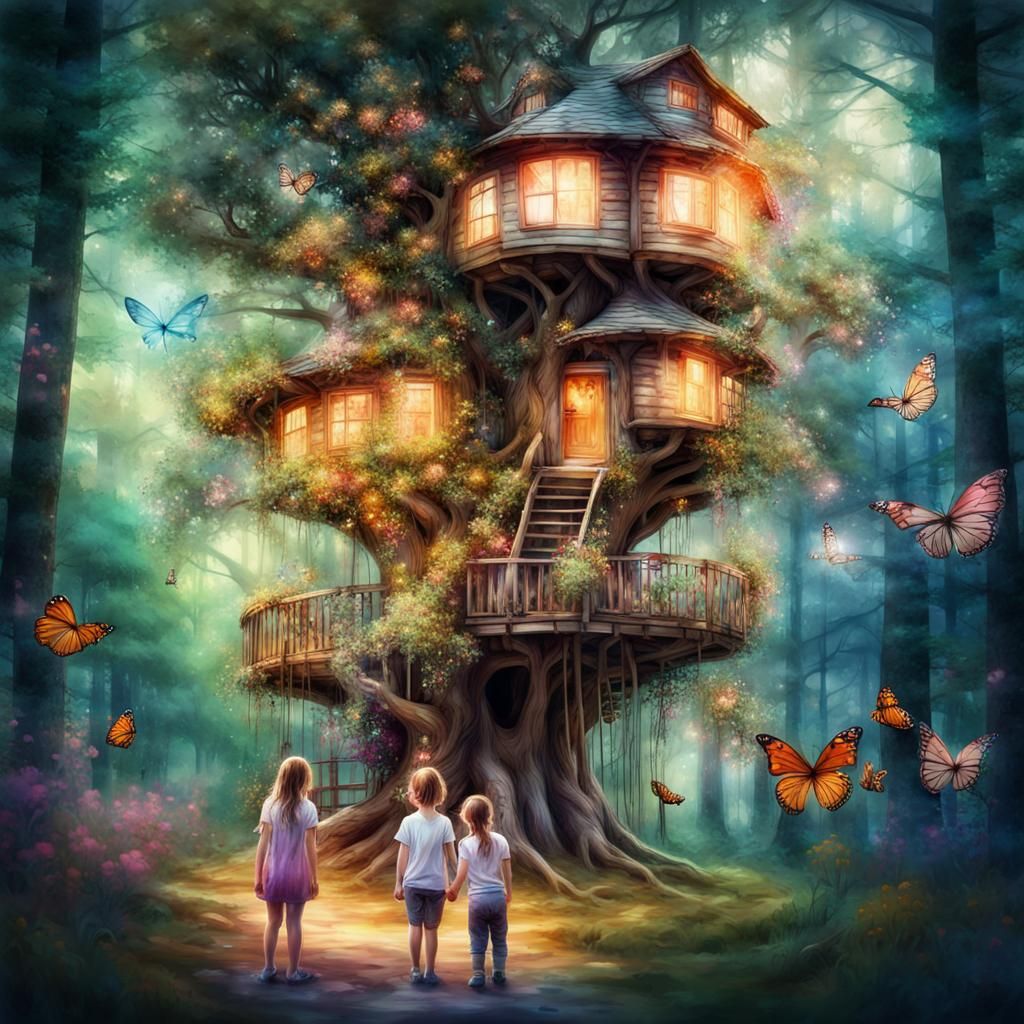 Magical Treehouse: Family Home in Nature, Watercolor Art