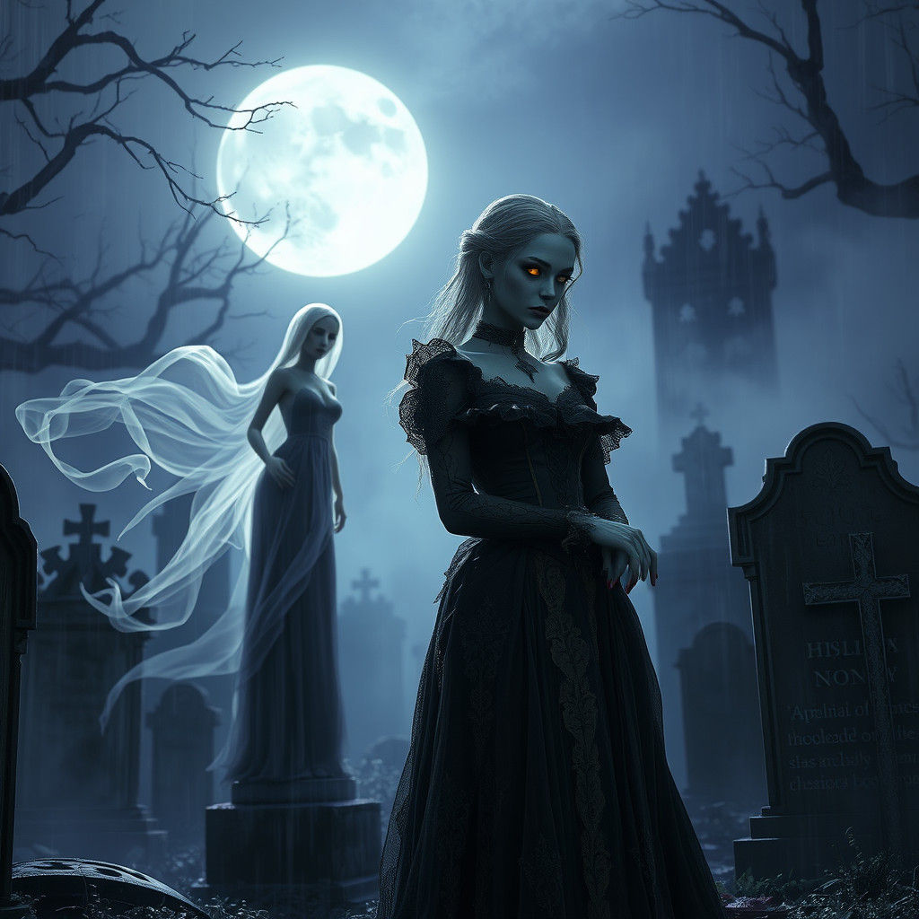 Gothic Vampire Goddess in Haunting Cemetery Scene