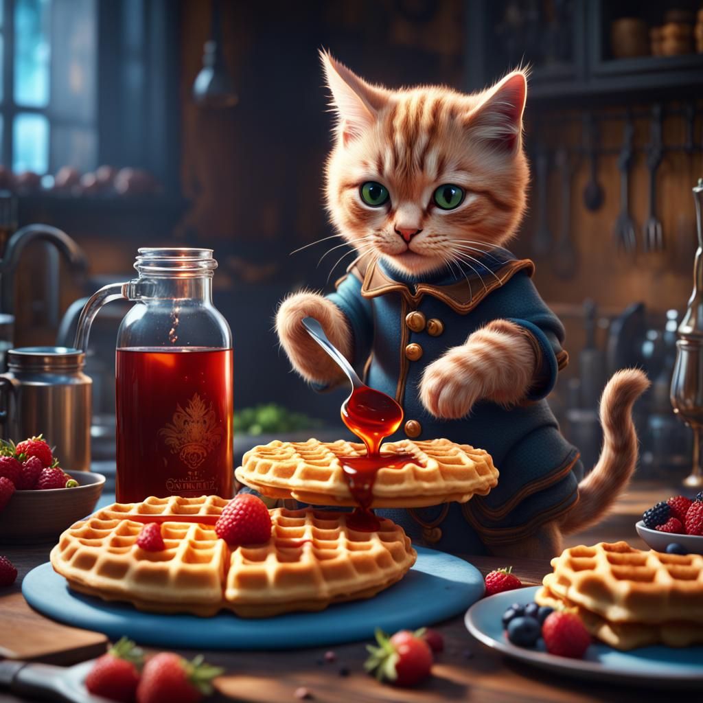 Cat Pouring Syrup on Waffles: Detailed Matte Painting