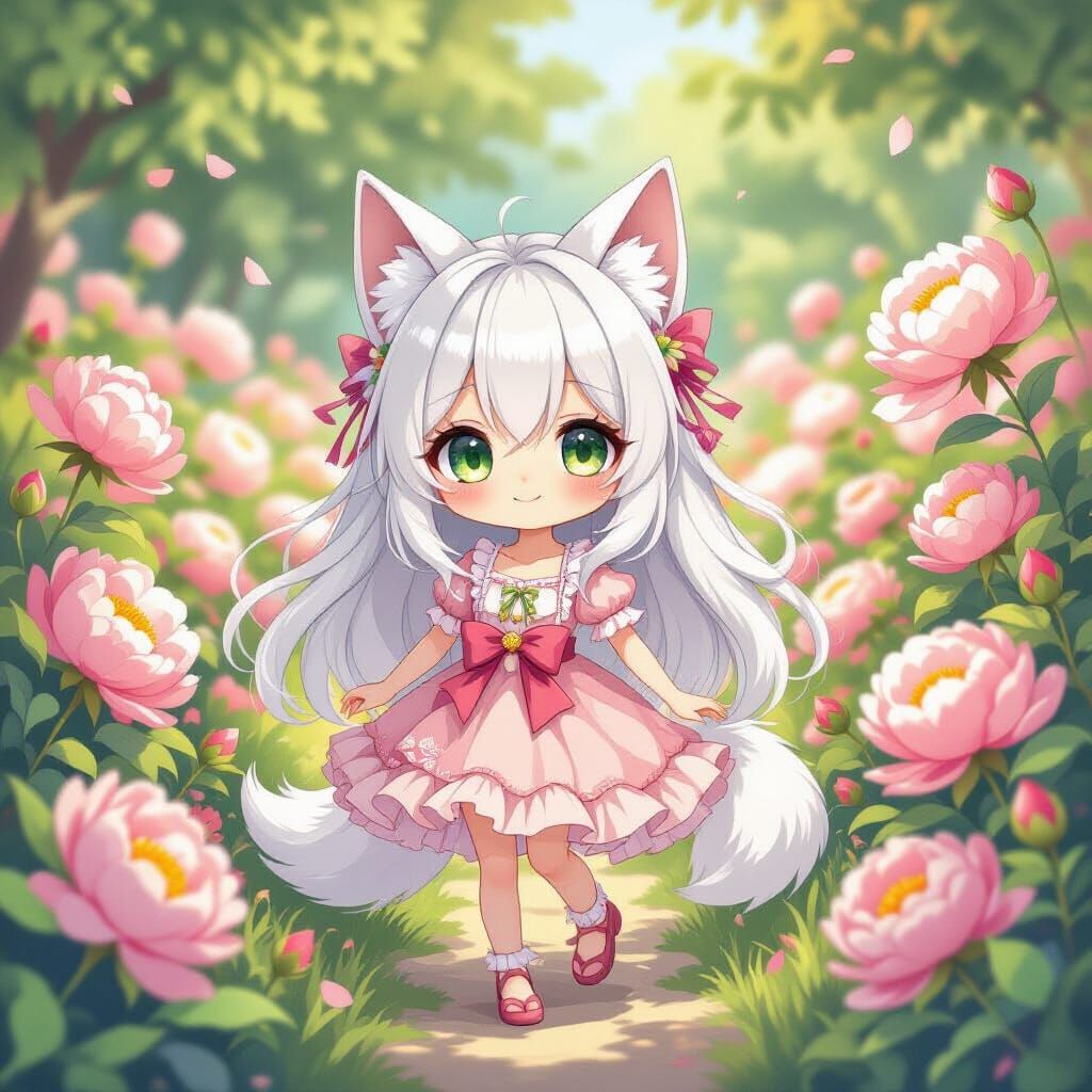 Chibi Kitsune in Peony Garden, Digital Watercolor
