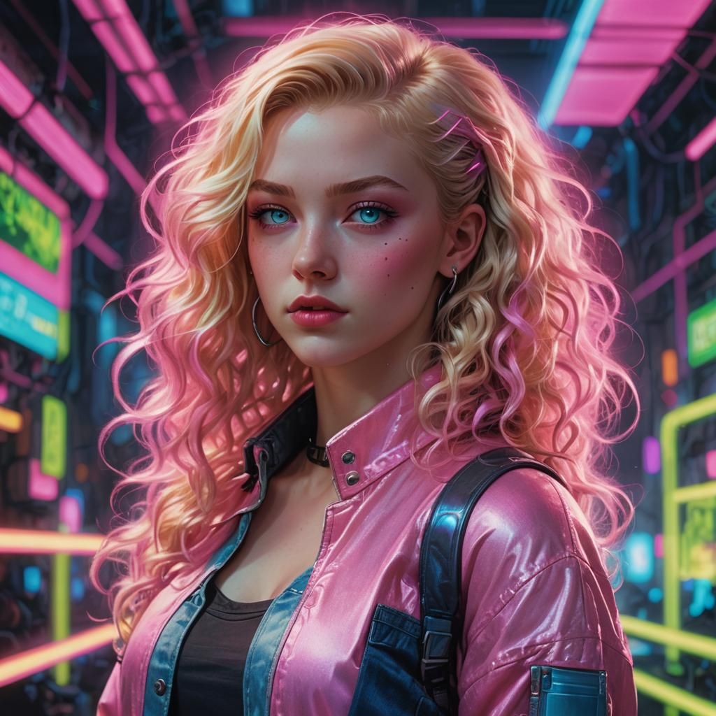 Cyberpunk Teenager with Neon Lights and Pink Hair
