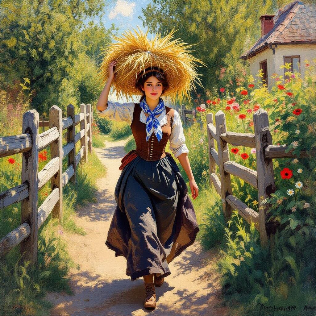Woman Carrying Hay in Impressionist Garden Scene
