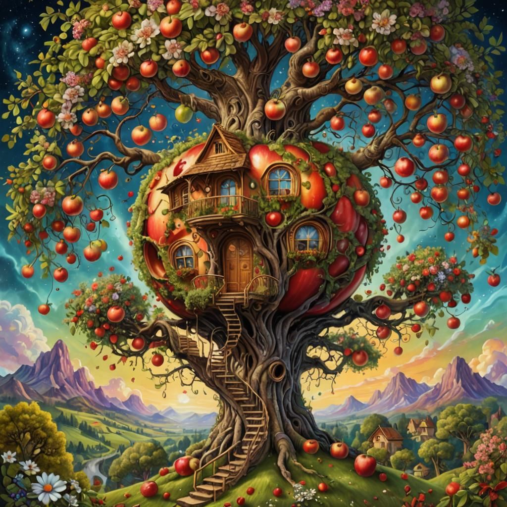 Surreal Apple Treehouse in Digital Art Style