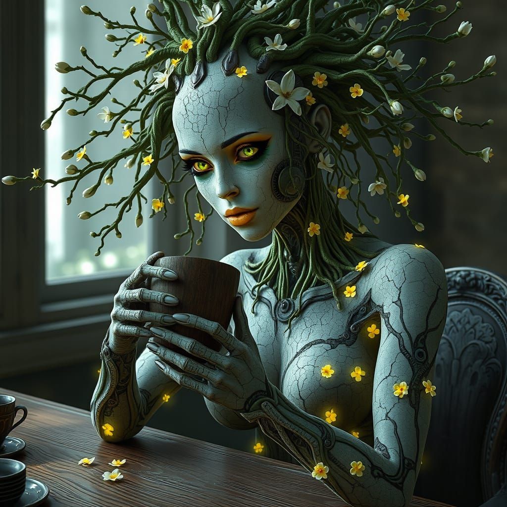 Gothic Android Woman with Ethereal Glow and Mechanical Featu...